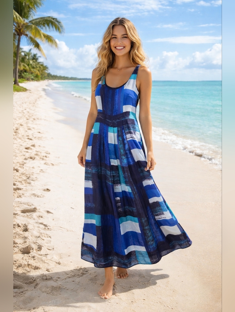 Ann Taylor Blue White Geometric Sleeveless Beachy Boho Vacation Maxi Dress Sz 2‎